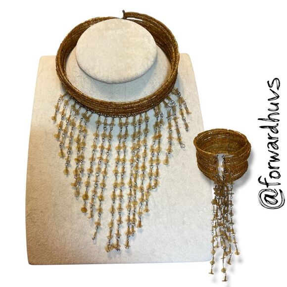 Statement Cuff Necklace & Bracelet Set – Gold Tone Beaded Fringe - Picture 1 of 11